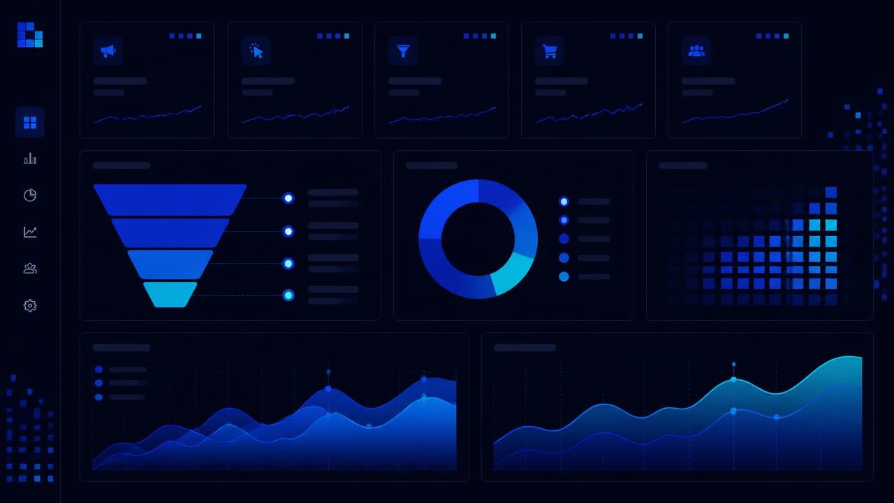 Abstract marketing analytics dashboard with funnel and campaign charts in blue on navy