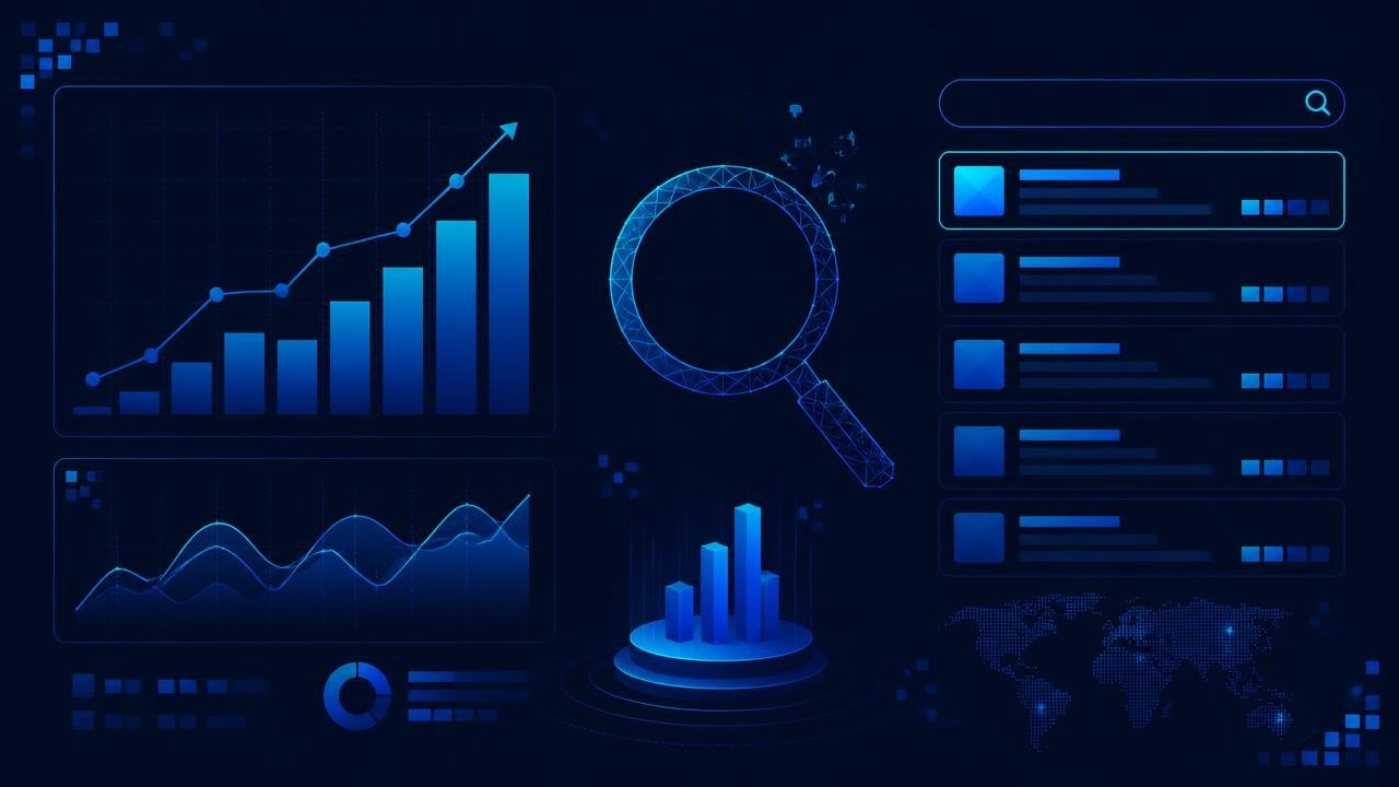 Abstract search ranking panels and rising performance charts in blue on navy