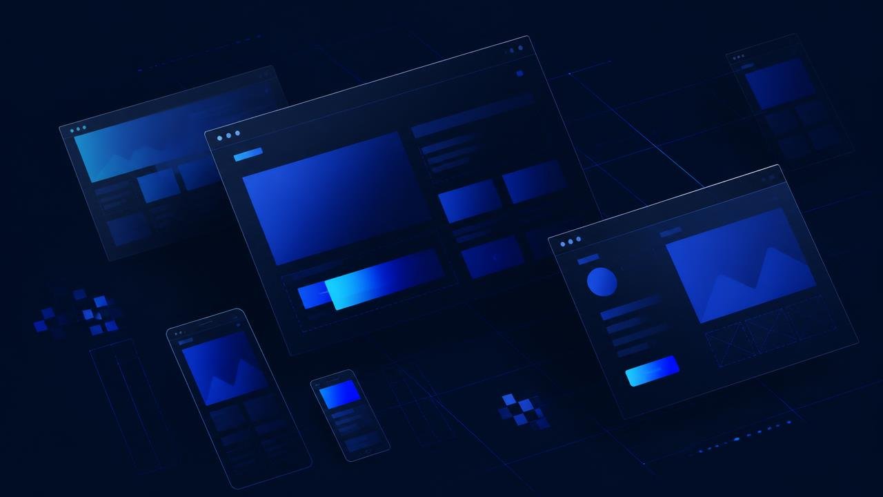 Abstract layered browser and responsive interface mockups in blue on navy